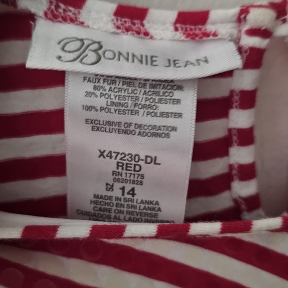 GIRLS BONNIE JEAN RED WHITE CANDY CANDY STRIPED SANTA DRESS  FAUX FUR SIZE  14 - Picture 4 of 8
